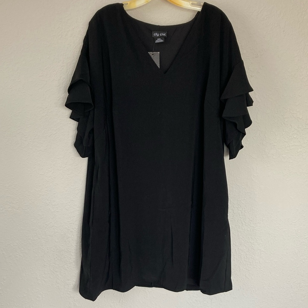 City Chic Dress Midi Double Frill Sleeves Black Fully Lined Size 18 NWT